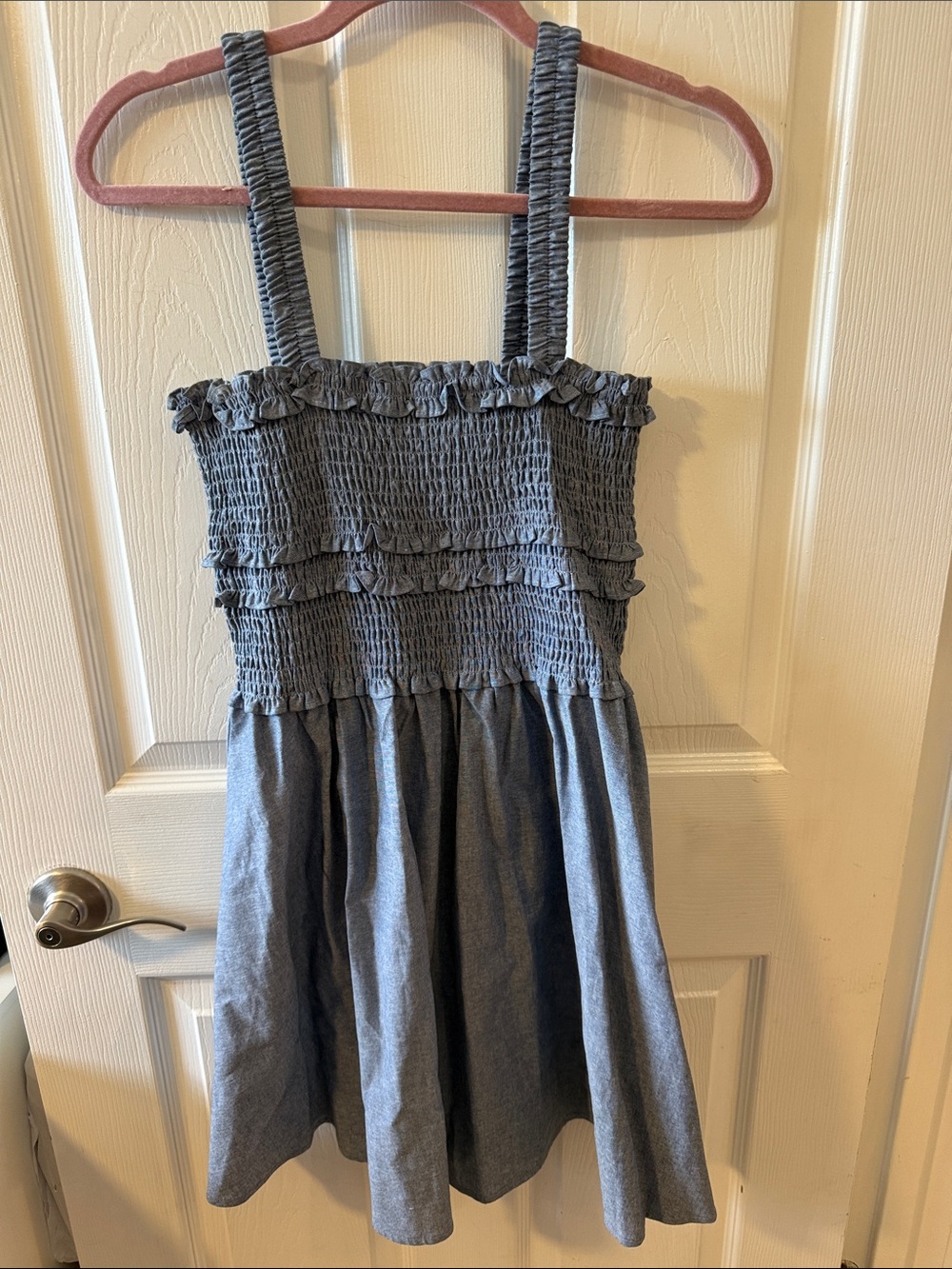 Celebrity Pink Smocked High-Waist Denim-Look Shorts Romper in Light Blue
